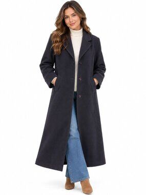 Stephanie Andrews Women's 10 Navy 100% Wool Long Coat Button Front Classic